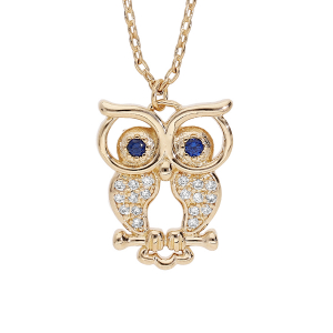 COLLIER PLAQUÉ OR PENDENTIF HIBOU - CHOUETTE OXYDES BLANCS SERTIS 40+5CM