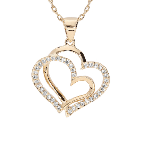 COLLIER PLAQUÉ OR DOUBLE COEUR OXYDES BLANCS SERTIS 40+5CM