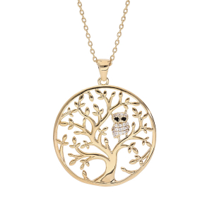 COLLIER PLAQUÉ OR ARBRE DE VIE AVEC HIBOU -  CHOUETTE EMPIERRÉ 40+5CM