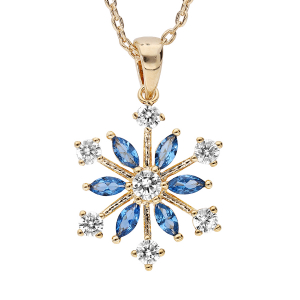COLLIER PLAQUÉ OR PENDENTIF FLOCON DE NEIGE OXYDES BLANCS SERTIS ET NAVETTES BLEUES 40+5CM