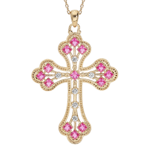 COLLIER PLAQUÉ OR PENDENTIF CROIX EMPIERRE ROSE 40+5CM