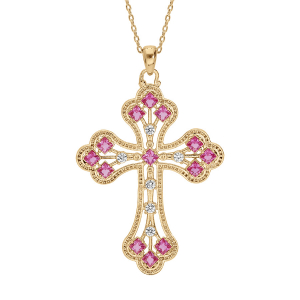 COLLIER PLAQUÉ OR PENDENTIF CROIX EMPIERRE ROSE 40+5CM