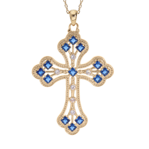 COLLIER PLAQUÉ OR PENDENTIF CROIX EMPIERRE OXYDES BLEU FONCÉ 40+5CM