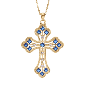 COLLIER PLAQUÉ OR PENDENTIF CROIX EMPIERRE OXYDES BLEU FONCÉ 40+5CM
