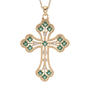 COLLIER PLAQUÉ OR PENDENTIF CROIX EMPIERRE OXYDES VERTS FONCÉS 40+5CM