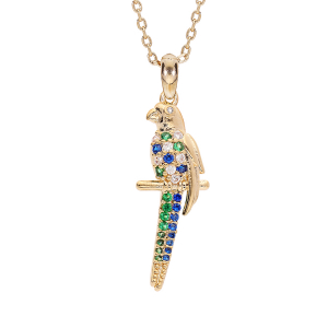 COLLIER PLAQUÉ OR PENDENTIF PERROQUET EMPIERRÉ 40+5CM