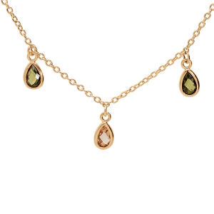 COLLIER PLAQUÉ OR PAMPILLES GOUTTES OXYDES VERTS ET ORANGÉ 40+5CM