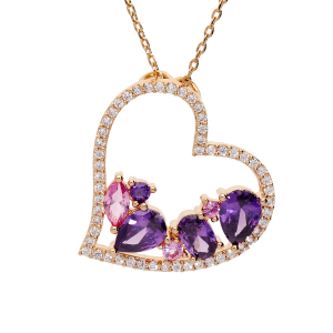 COLLIER PLAQUÉ OR PENDENTIF COEUR OXYDES VIOLETS ET ROSES CONTOUR OXYDES BLANCS 40+5CM