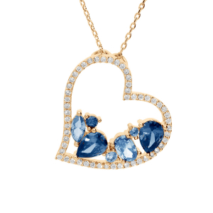 COLLIER PLAQUÉ OR PENDENTIF COEUR OXYDES BLEUS CONTOUR OXYDES BLANCS 40+5CM