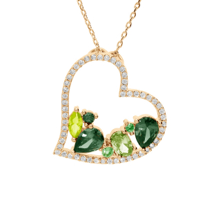 COLLIER PLAQUÉ OR PENDENTIF COEUR OXYDES VERTS CONTOUR OXYDES BLANCS 40+5CM