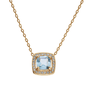 COLLIER PLAQUÉ OR MASSIF PIERRE CARRÉ TOPAZE BLEUE VÉRITABLE CONTOUR OXYDES BLANCS SERTIS 40+5CM