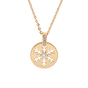 COLLIER PLAQUÉ OR PENDENTIF OXYDE RONDELLE FLOCON DE NEIGE AJOURÉ 39+4CM