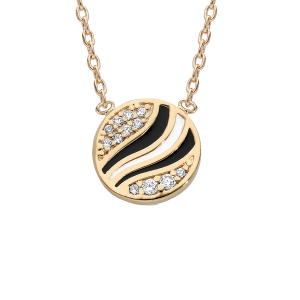 COLLIER PLAQUÉ OR PENDENTIF OXYDES RÉSINE NOIR ET BLANC 42CM