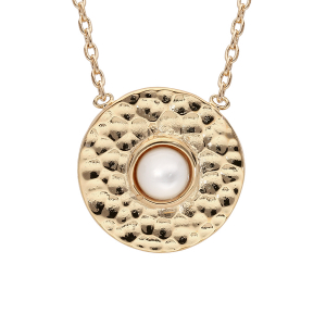 COLLIER PLAQUÉ OR PENDENTIF MARTELÉ ET CABOCHON NACRE VÉRITABLE 42CM