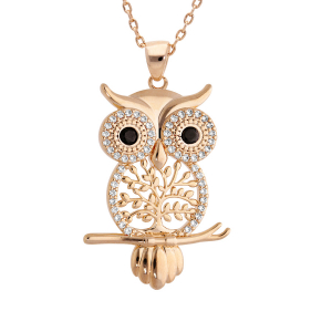 COLLIER PLAQUÉ OR HIBOU - CHOUETTE ARBRE DE VIE ET OXYDES SERTIS BLANCS ET YEUX NOIRS 39+4CM