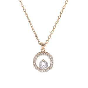 COLLIER PLAQUÉ OR PENDENTIF RONDELLE OXYDES BLANCS SERTIS ET 1 OXYDE BLANC SERTI 40+5CM
