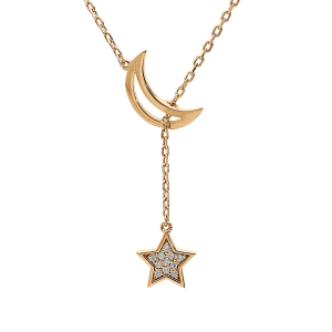 COLLIER PLAQUÉ OR LUNE ÉVIDÉE ET 1 ETOILE OXYDES BLANCS SERTIS 41+3CM