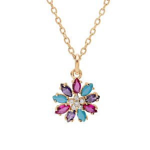 COLLIER PLAQUÉ OR PENDENTIF FLEUR OXYDES MULTI COULEURS 42+3CM