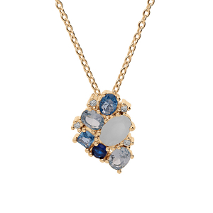 COLLIER PLAQUÉ OR PENDENTIF OXYDES BLEUS ET BLANC  42+3CM