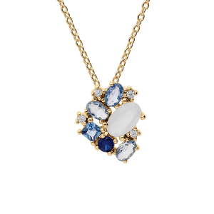 COLLIER PLAQUÉ OR PENDENTIF OXYDES BLEUS ET BLANC  42+3CM