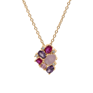 COLLIER PLAQUÉ OR PENDENTIF OXYDES ROSES ET VIOLETS 42+3CM