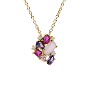 COLLIER PLAQUÉ OR PENDENTIF OXYDES ROSES ET VIOLETS 42+3CM