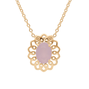 COLLIER PLAQUÉ OR MOTIF FLEUR PIERRE SYNTHETIQUE ROSE 42+3CM