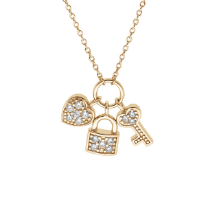 COLLIER PLAQUÉ OR BRELOQUES CADENAS COEUR CLEFS OXYDES BLANCS 42+3CM