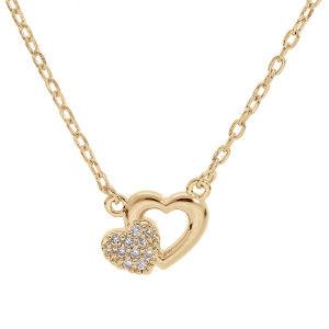 COLLIER PLAQUÉ OR DOUBLE COEURS OXYDES BLANCS SERTIS 40+5CM