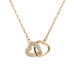 COLLIER PLAQUÉ OR 2 COEURS ENTRELACÉS 1 LISSE ET 1 AVEC OXYDES BLANCS SERTIS 40+5CM