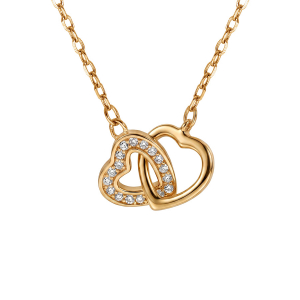 COLLIER PLAQUÉ OR 2 COEURS ENTRELACÉS 1 LISSE ET 1 AVEC OXYDES BLANCS SERTIS 40+5CM