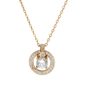 COLLIER PLAQUÉ OR PENDENTIF RONDELLE OXYDES BLANCS SERTIS ET 1 OXYDE BLANC SERTI 40+5CM