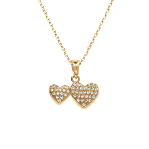 COLLIER PLAQUÉ OR PENDENTIF DOUBLE COEUR OXYDES BLANCS SERTIS ET BÉLIERE COEUR 40+5CM
