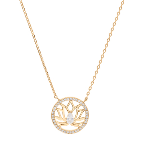 COLLIER PLAQUÉ OR FLEUR DE LOTUS CONTOUR CERCLE OXYDES BLANCS SERTIS 39+4CM
