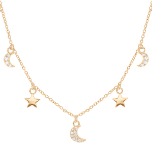 COLLIER PLAQUÉ OR PAMPILLES LUNE ETOILE ET OXYDES BLANCS SERTIS 40+4,5CM