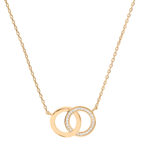 COLLIER PLAQUÉ OR 2 ANNEAUX ENTRELACES 1 LISSE 1 OXYDES BLANCS SERTIS 40+5CM
