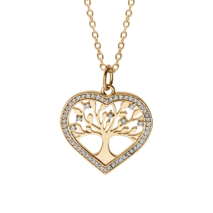 COLLIER PLAQUÉ OR PENDENTIF COEUR AVEC ARBRE DE VIE CONTOUR OXYDES BLANCS SERTIS 42+3CM