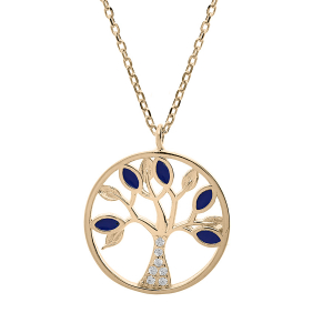 COLLIER PLAQUÉ OR ARBRE DE VIE OXYDES BLEUS ET BLANCS SERTIS 40+3CM