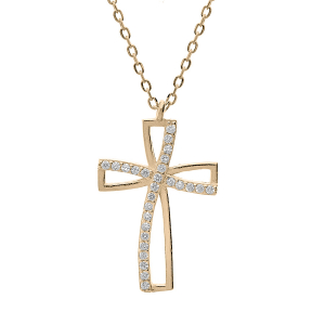 COLLIER PLAQUÉ OR COEUR CROIX OXYDES BLANCS SERTIS 40+3CM