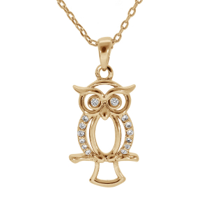 COLLIER PLAQUÉ OR  HIBOU CHOUETTE  OXYDES BLANCS SERTIS 40+4CM