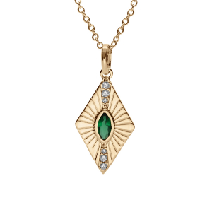 COLLIER PLAQUÉ OR FORME LOSANGE OXYDE VERT SERTI CLOS 42+3CM