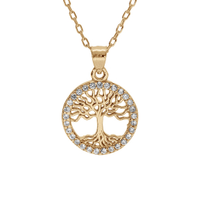 COLLIER PLAQUÉ OR PENDENTIF ARBRE DE VIE CONTOUR OXYDES BLANCS SERTIS 40+5CM