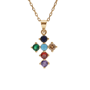 COLLIER PLAQUÉ OR PENDENTIF CROIX 15X10MM OXYDES MULTI COULEURS SERTIS 40+5CM