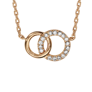 COLLIER PLAQUÉ OR 2 CERCLES ENTRELACES OXYDES BLANCS SERTIS 42+3CM