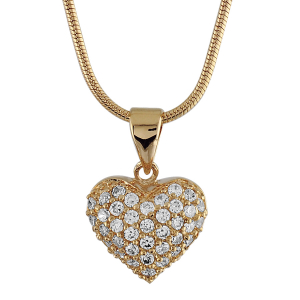 COLLIER PLAQUÉ OR PENDENTIF COEUR RECTO PIERRES SYNTHETIQUE BLANCHES VERSO ARABESQUES  42CM