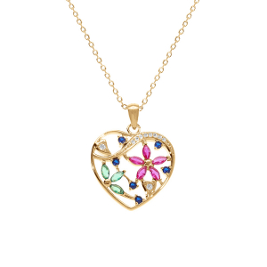 COLLIER PLAQUÉ OR PENDENTIF COEUR AVEC FLEURS OXYDES MULTI COULEURS 40+5CM