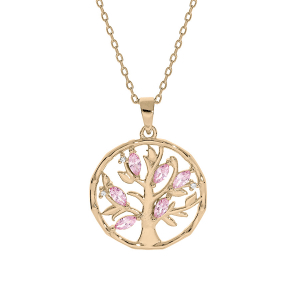 COLLIER PLAQUÉ OR PENDENTIF ARBRE DE VIE OXYDES ROSES 40+4CM