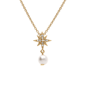 COLLIER PLAQUÉ OR FORME ETOILE OXYDES BLANCS ET PERLE BLANCHE IMITATION 42+3CM
