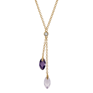 COLLIER PLAQUÉ OR FORME CRAVATE PIERRE CENTRALE RONDE BLANCHE SYNTHETIQUE ET 2 GOUTTES LAVANDE ET VIOLETTE 39+2CM