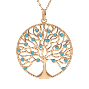 COLLIER PLAQUÉ OR ARBRE DE VIE 30MM OXYDES SERTIS COULEUR TURQUOISE 42+3CM